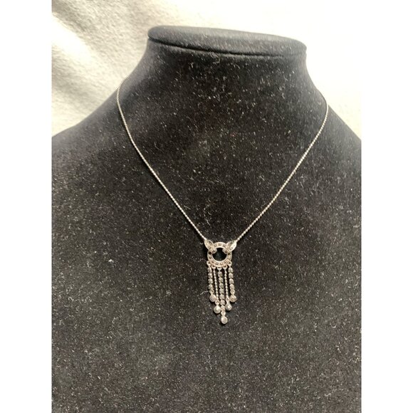 Monet Silver Necklace with Circular Pendant & Dangling Chains Crystals 16" - Picture 9 of 11